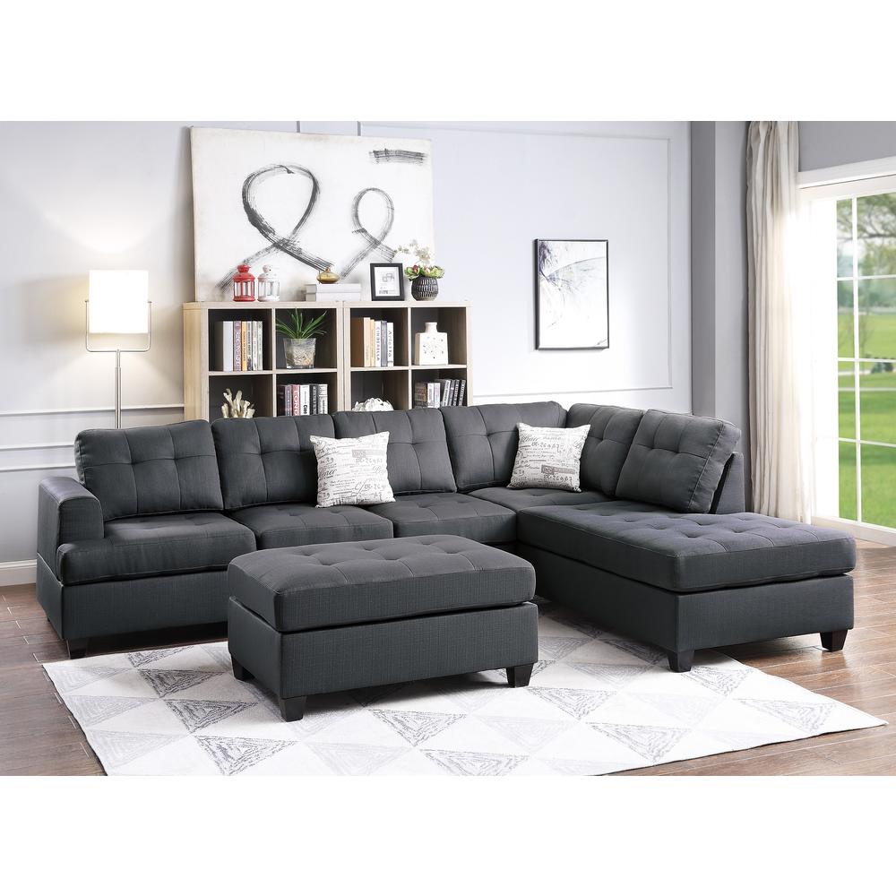 Esofastore Ebony Color Living Room Furniture 3-Pcs Sectional Set Modern Reversible Sectional Microfiber Pillows Cushion Tufted Couch