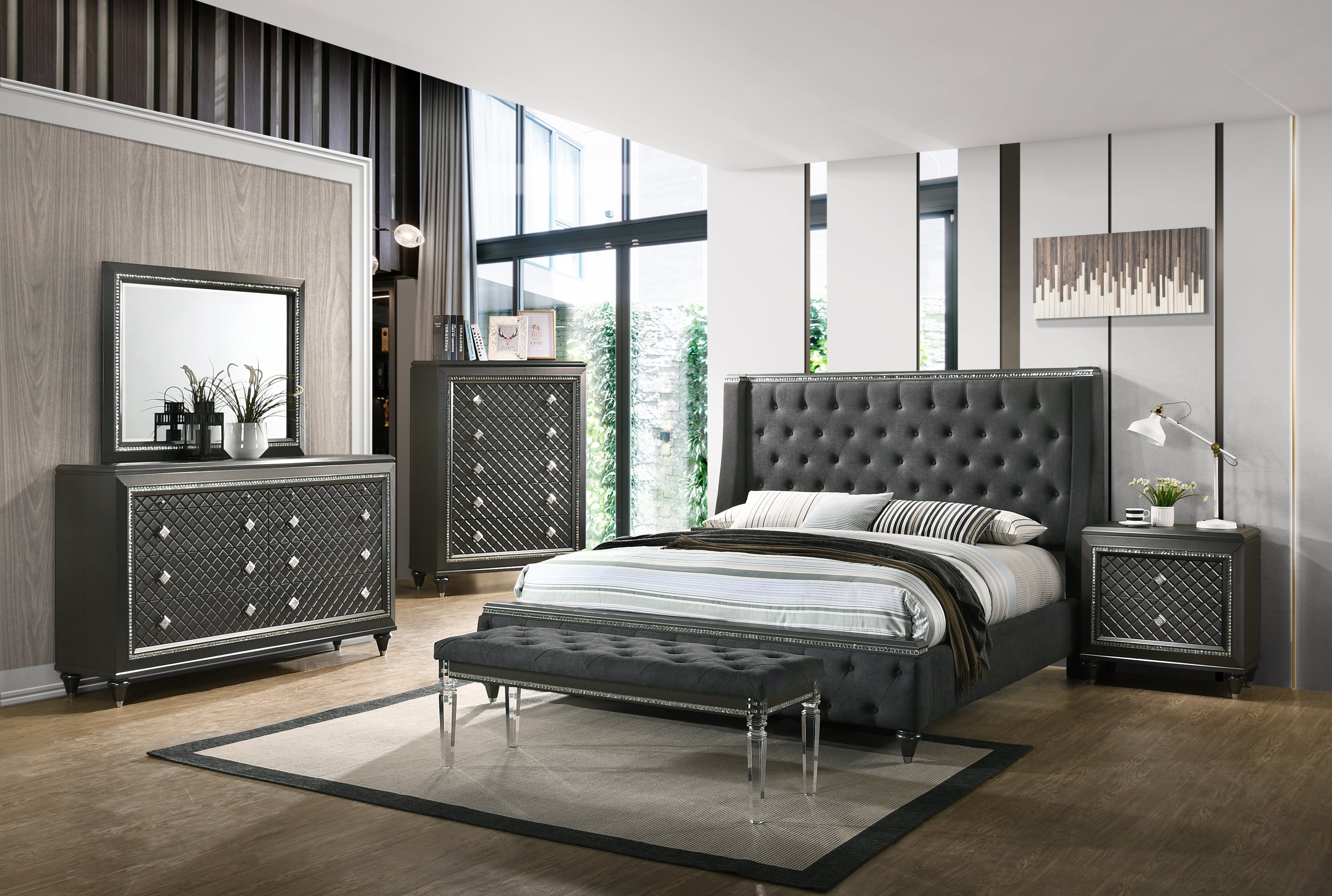Hs Contemporary 6pc King Size Bedroom, Grey King Size Bed Set