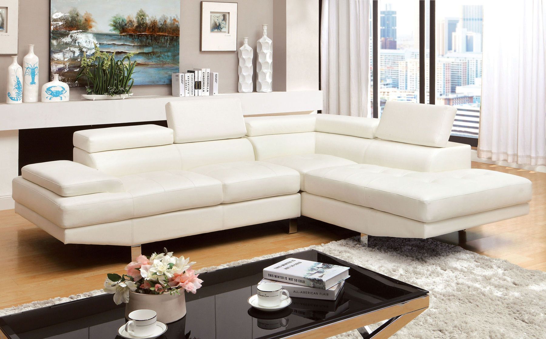 Esofastore Modern Contemporary White Bonded Leather Match Sofa Chaise Living Room Chrome Legs 2pc Sectional Sofa