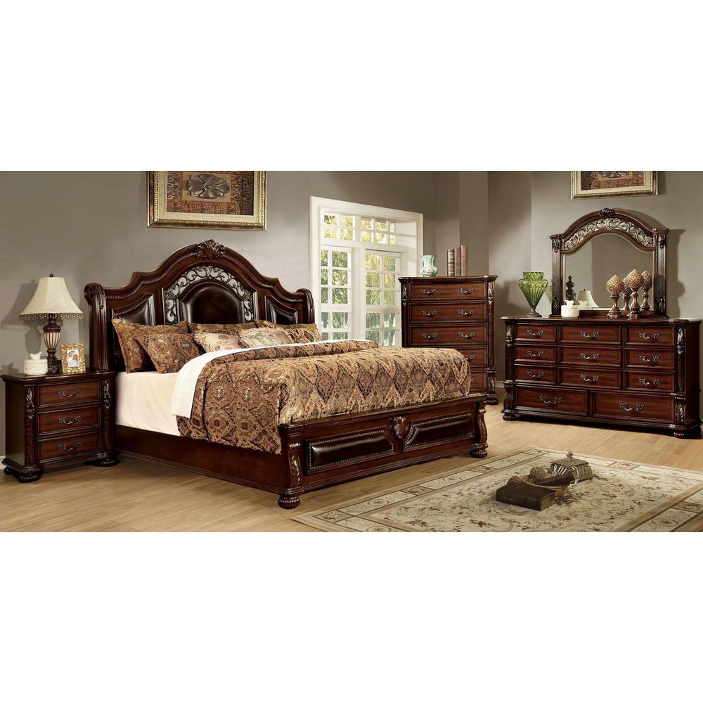 Esofastore Traditional Brown Cherry 6pc Set California King Size Bed Dresser Mirror Nightstand Chest Bedroom Furniture Padded HB FB