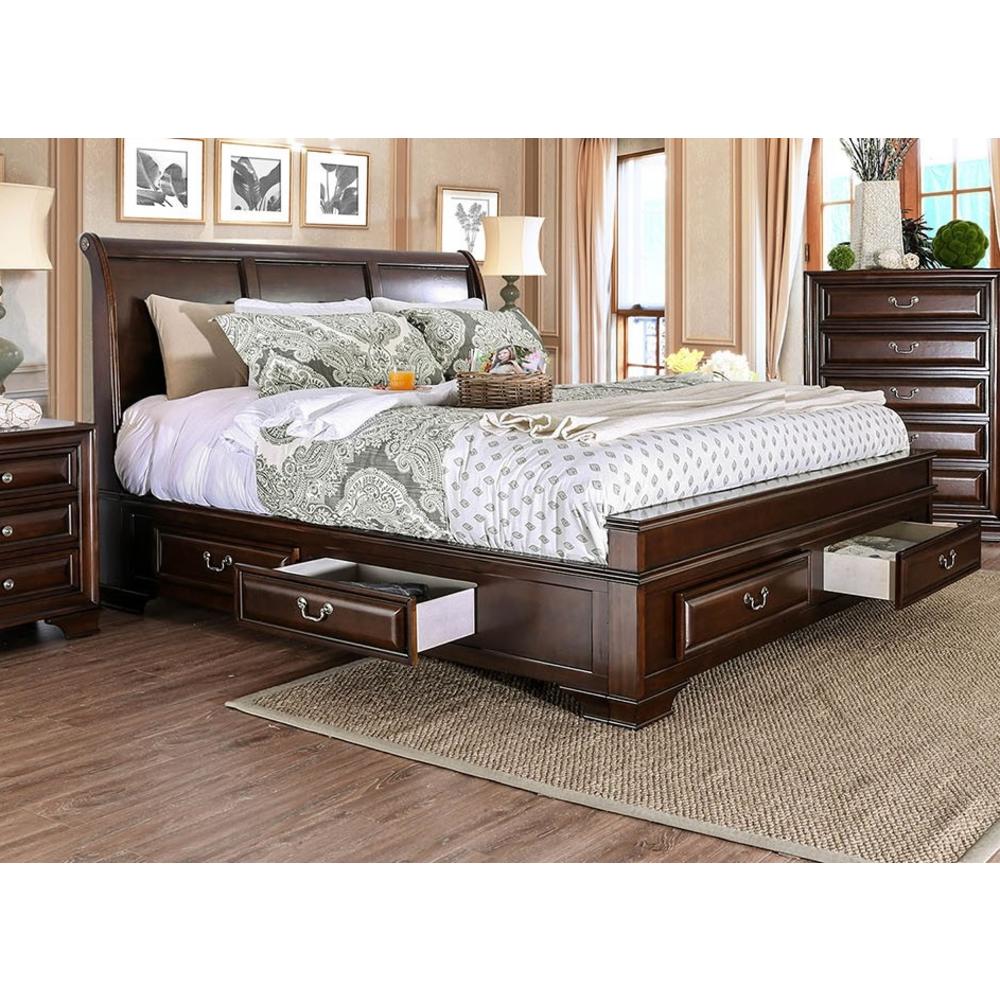 Esofastore Brown Cherry Storage King Size Bed 1pc Set Bedroom Furniture Solid wood Rail Drawers Wood inlay Nickel Pulls Storage Drawers Bed