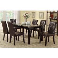 Esofastore 7pc Dining Set Brown Faux Leather 6x Chairs Cushion Comfort Faux Marble Top Dining Table Furniture Beautiful Seating