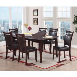 Esofastore 7pc Dining Set Brown Faux Leather 6x Chairs Cushion Comfort Dining Table w Butterfly leaf Furniture Beautiful Seating