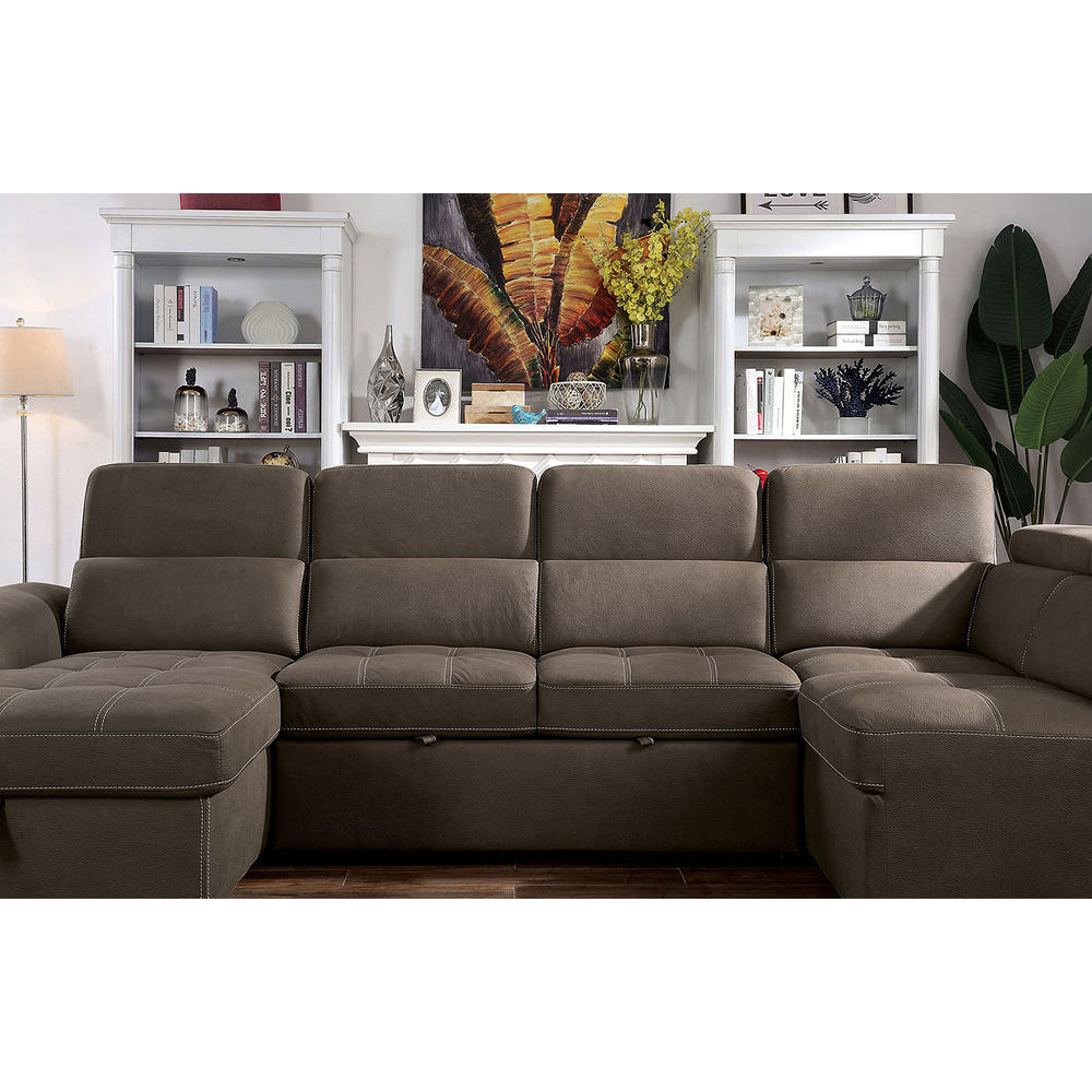 Esofastore Living Room Contemporary Sectional Sofa Brown Nabuck Fabric Storage Chaise Pull Out Sleeper Sofa Couch Left Chaise w/Storage