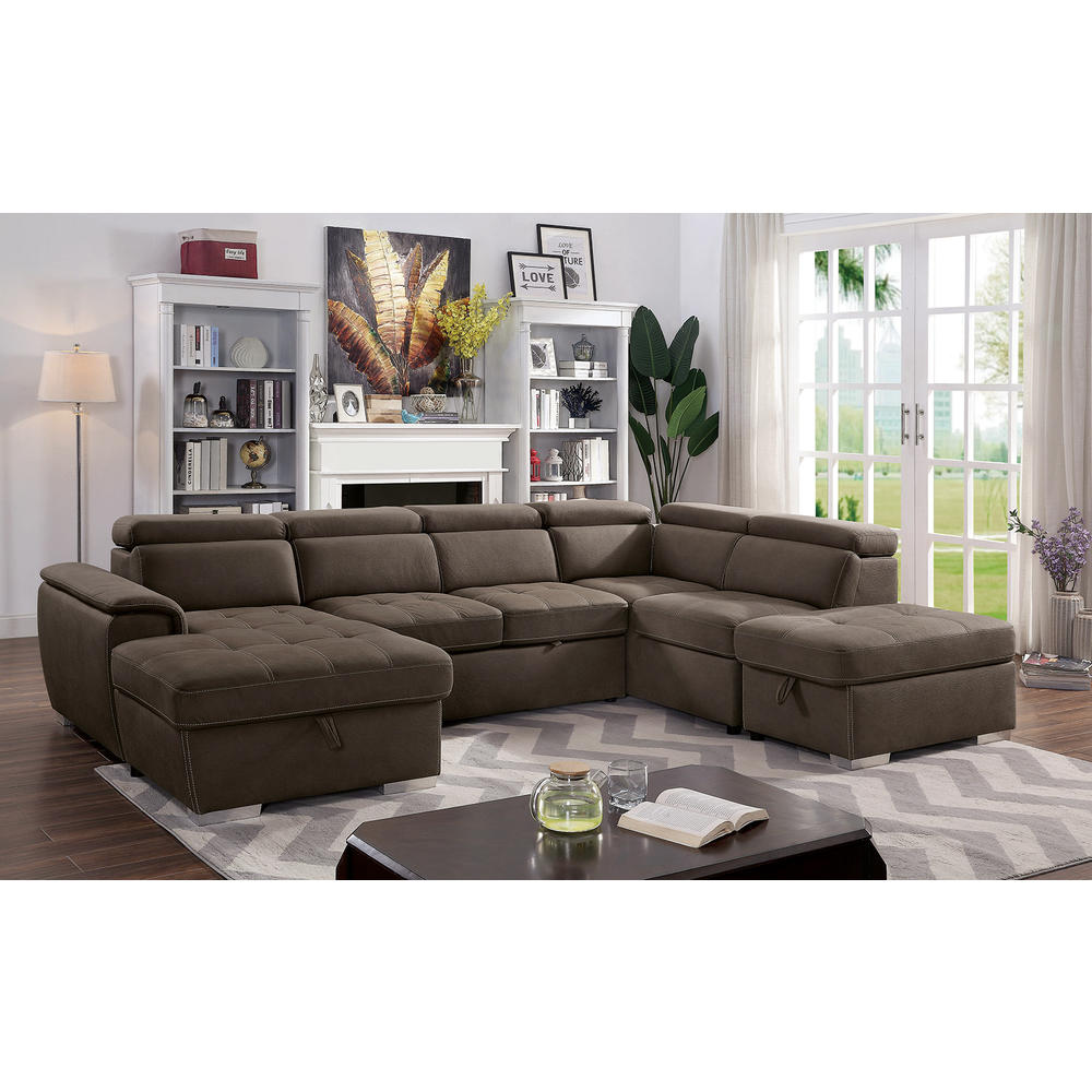 Esofastore Living Room Contemporary Sectional Sofa Brown Nabuck Fabric Storage Chaise Pull Out Sleeper Sofa Couch Left Chaise w/Storage