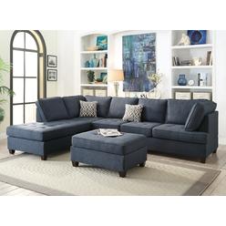 Esofastore Dorris Fabric Dark Blue Cushion Tufted Seating Sectional Set Reversible Chaise Sofa Couch Pillows Living Room Furniture