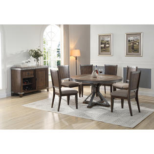 Hs New Rustic Round Dining Table 7pc Set Wood Marble Top Dining