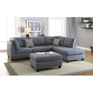 Esofastore Blue Grey Polyfiber Accent Stud Trim Sectional Sofa