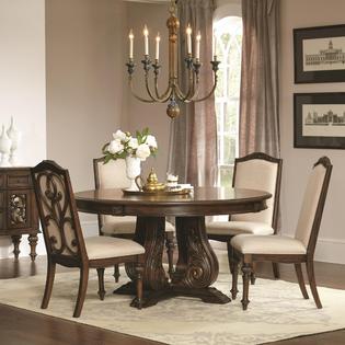 Coaster Traditional Antique Java Finish 5pc Dining Set Formal Round Dining Table 4 Side Chairs Cushion Seat Back Dining Room Furniture