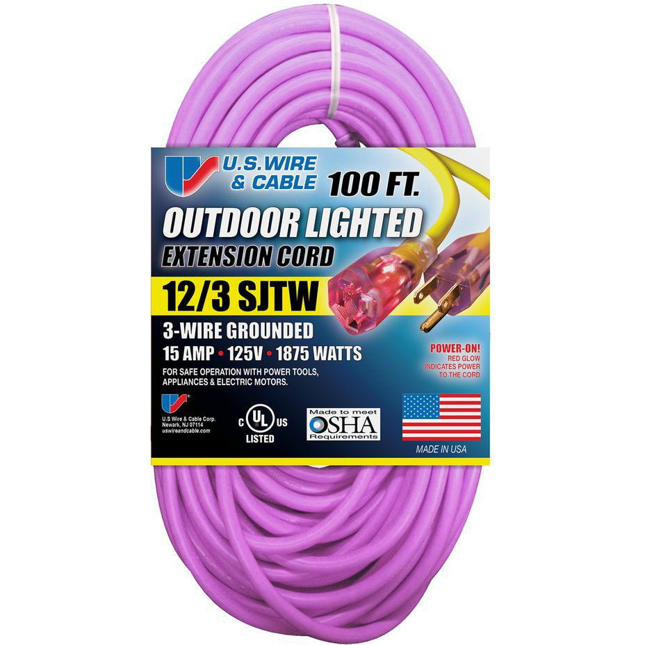 US WIRE & CABLE High Visibility Purple Lighted-End Cords 12/3 x 100ft