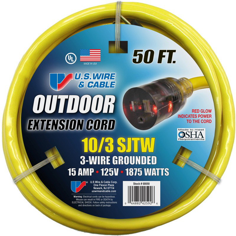 US WIRE & CABLE Three Conductor Grounded Temp-Flex-35™ Yellow Cord - 300V 10/3 x 50ft