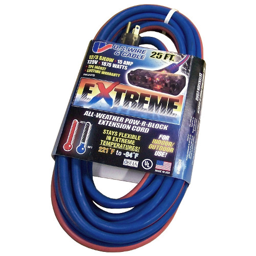 US WIRE & CABLE Triple Outlet three Conductor Grounded EXTREME All-Weather SJEOW Cord - 300V 12/3 x 25ft