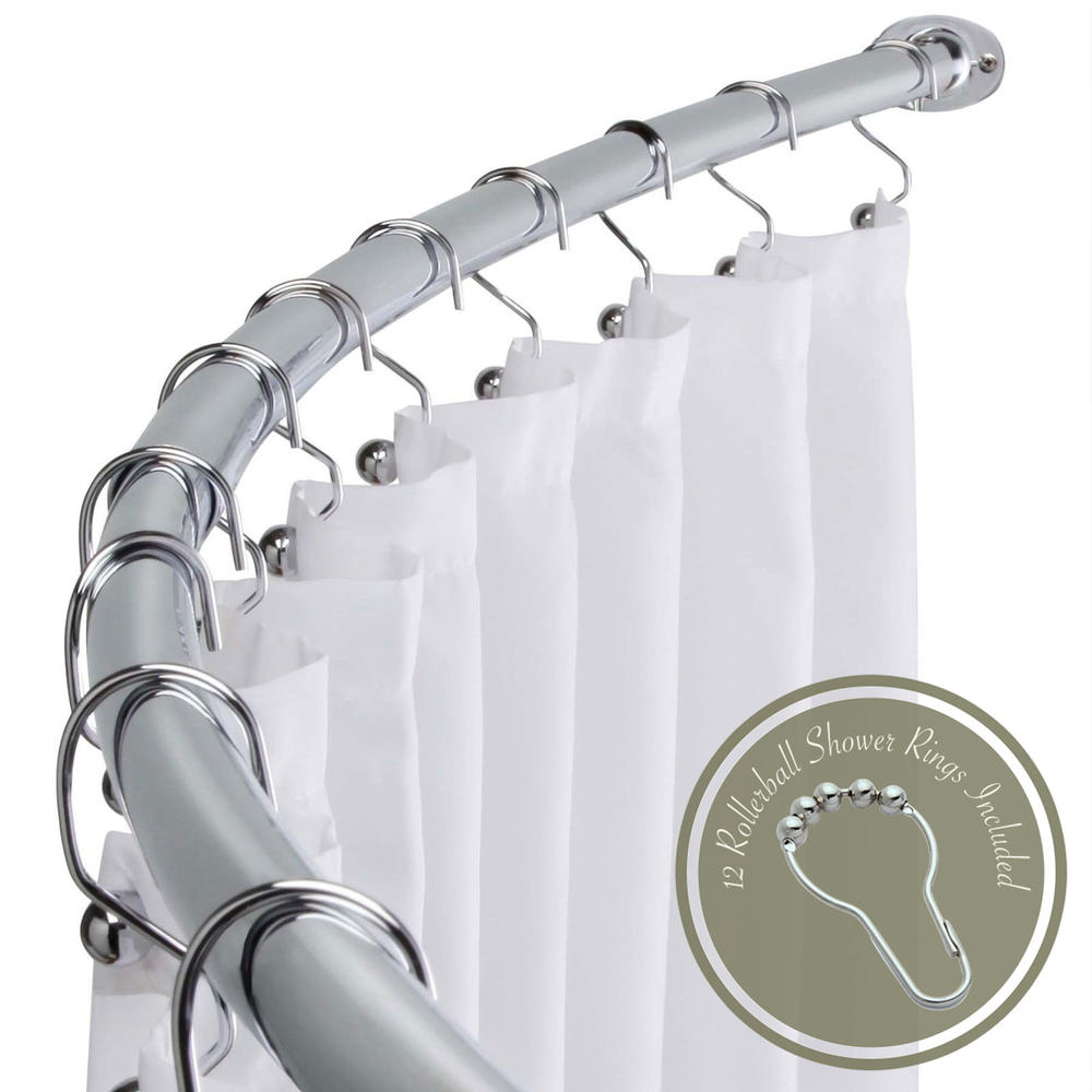 Howplumb Adjustable 60” - 72" Opening Curved Shower Rod and Roller Ball Rings Hooks, Polished Chrome