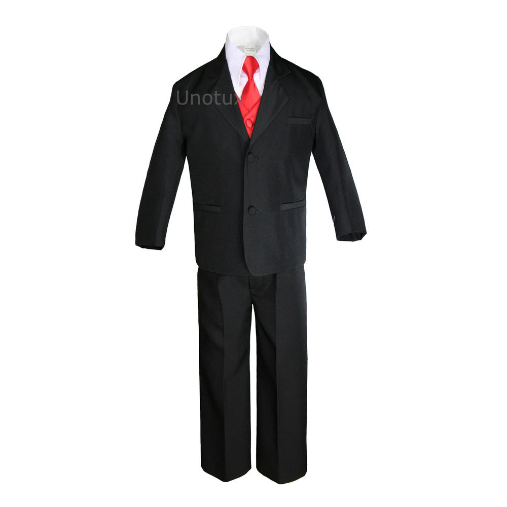 Unotux 7pc 5 6 7 8 10 12 14 16 18 20 Kid Teen Boys Black Suit Tuxedo Formal Wedding Party Outfit Red Necktie Vest Set