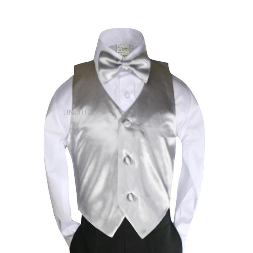UnoTux S M L XL 2T 3T 4T Solid Color Satin Silver 2pc Vest Bow Tie Set Boy Baby Infant toddler size for Formal Tuxedo Suit