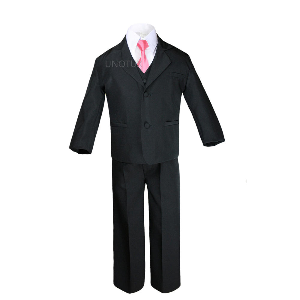 Unotux 6pc S M L XL 2T 3T 4T Baby Toddler Boys Black Suits Tuxedo Formal Wedding Party Outfits Extra Coral Necktie Set