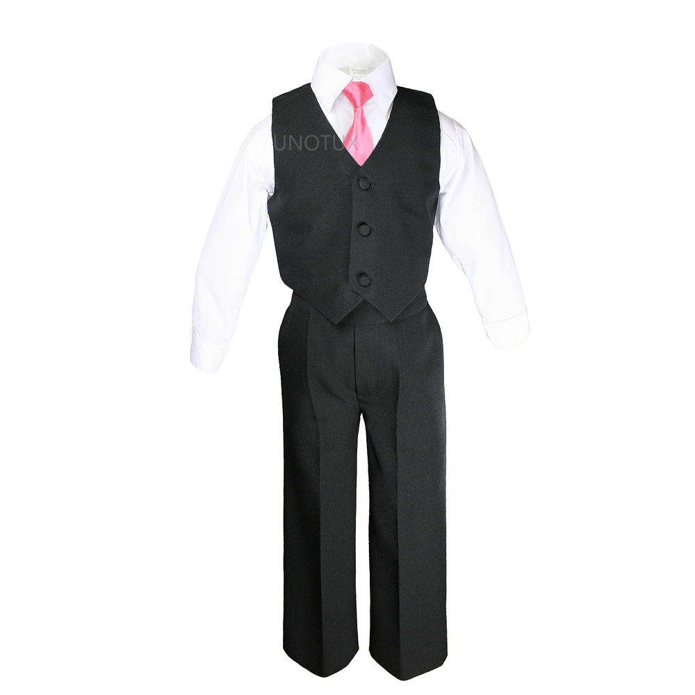 Unotux 6pc S M L XL 2T 3T 4T Baby Toddler Boys Black Suits Tuxedo Formal Wedding Party Outfits Extra Coral Necktie Set