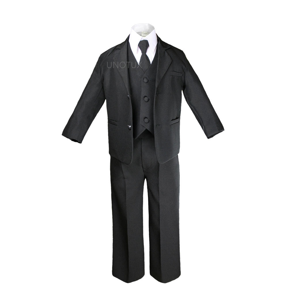 Unotux 6pc S M L XL 2T 3T 4T Baby Toddler Boys Black Suits Tuxedo Formal Wedding Party Outfits Extra Dark Gray Necktie Set