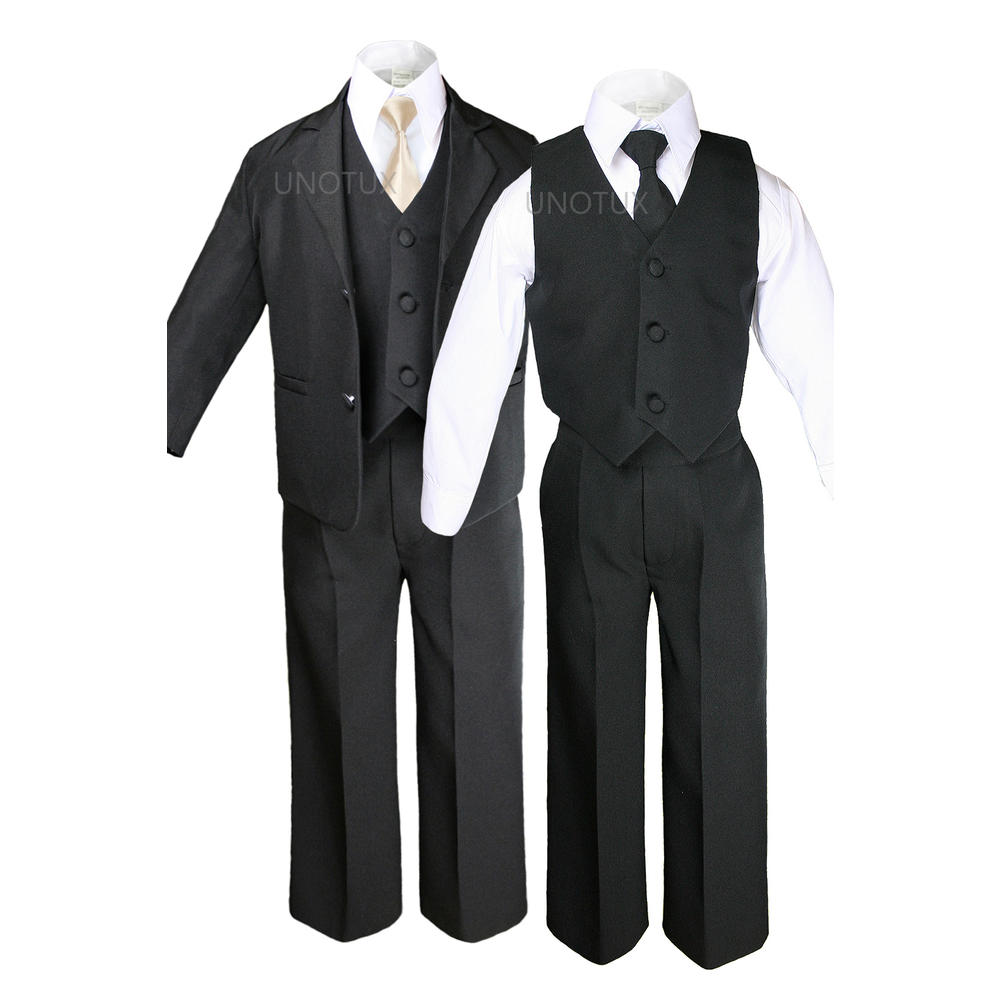 Leadertux 6pc 5 6 7 8 10 12 14 16 18 20 Kid Teen Boys Black Suits Tuxedo Formal Wedding Party Outfits Extra Champagne Necktie Se