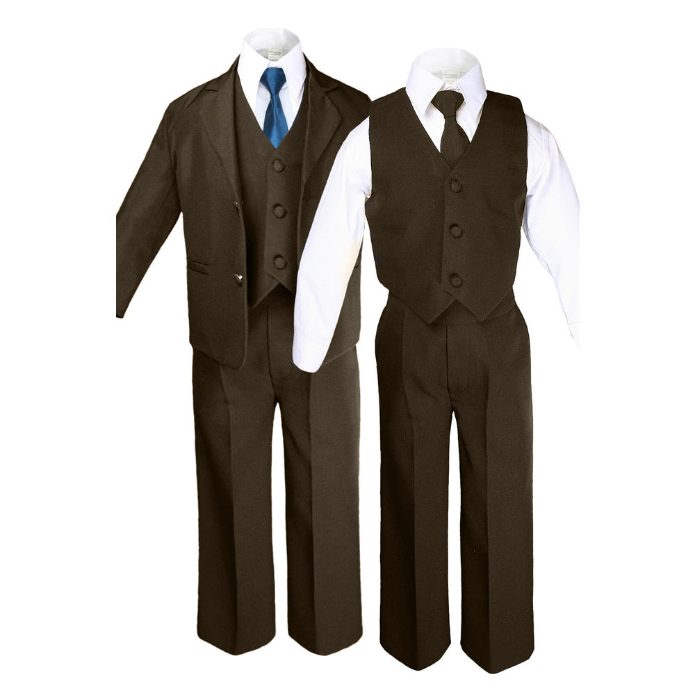 Leadertux 6pc S M L XL 2T 3T 4T Baby Toddler Boys Brown Suits Tuxedo Formal Wedding Party Outfits Extra Teal Necktie Set