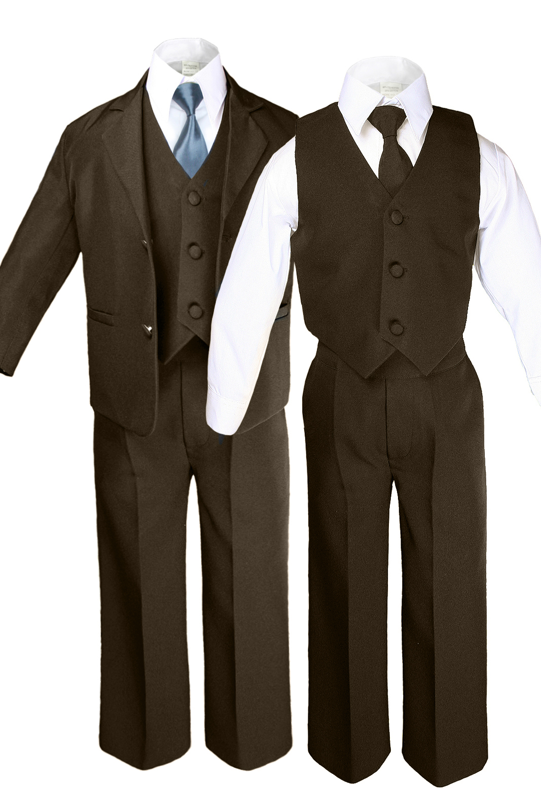 Leadertux 6pc S M L XL 2T 3T 4T Baby Toddler Boys Brown Suits Tuxedo Formal Wedding Party Outfits Extra Dark Gray Necktie Set