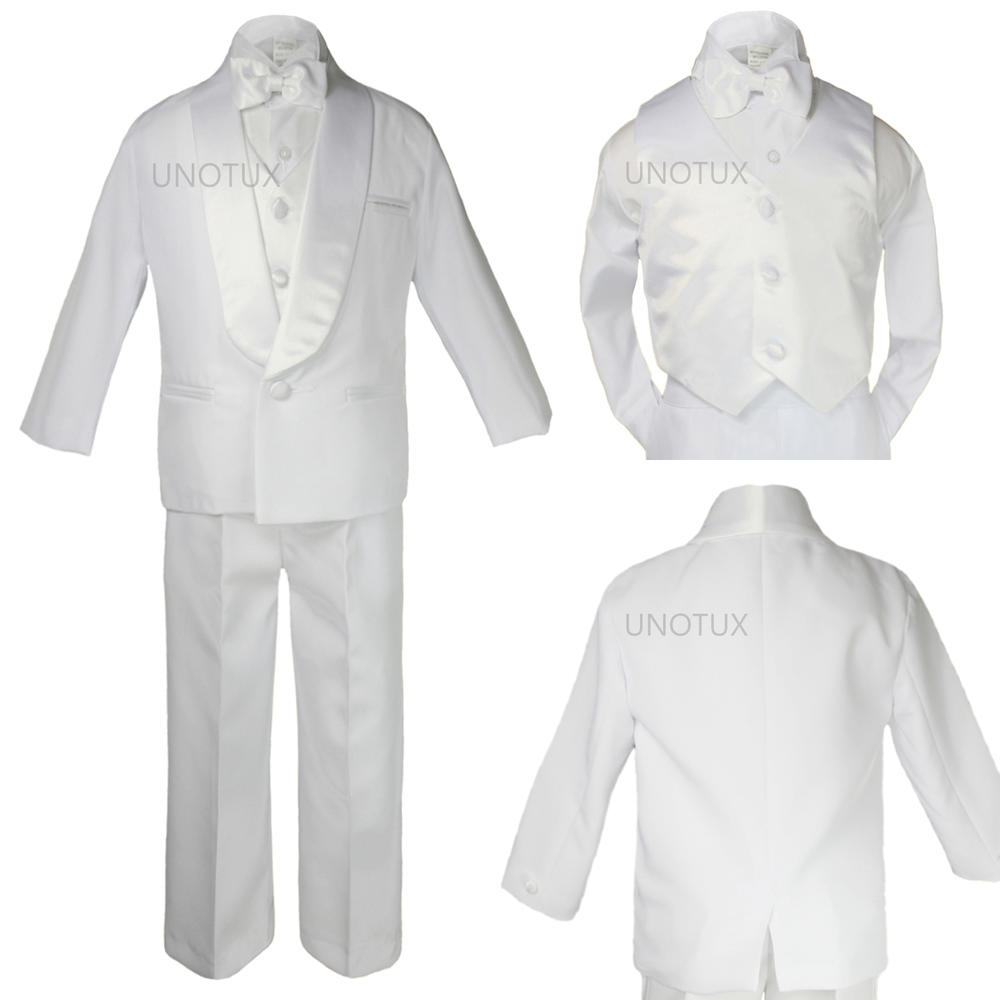 Unotux 5pc 5 6 7 8 10 12 14 16 18 20 Kid Teen Boys White Shawl Lapel Satin Suit Tuxedo Formal Wear Wedding Bow Tie Vest Set