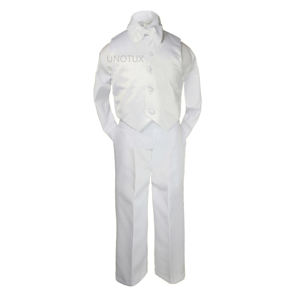 Unotux 5pc 5 6 7 8 10 12 14 16 18 20 Kid Teen Boys White Shawl Lapel Satin Suit Tuxedo Formal Wear Wedding Bow Tie Vest Set