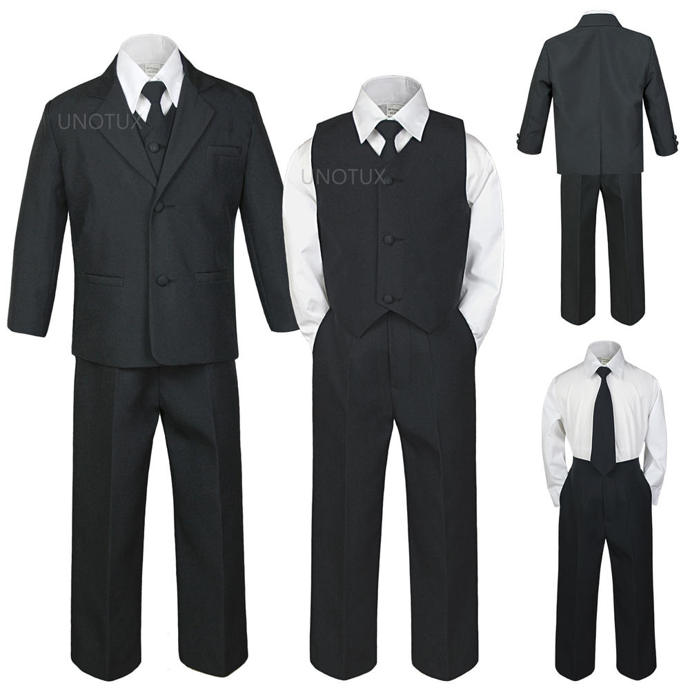 Unotux 5pc S M L XL 2T 3T 4T Baby Toddler Boy Charcoal Single Breast Suit Tuxedo Formal Wedding Party Outfit Set