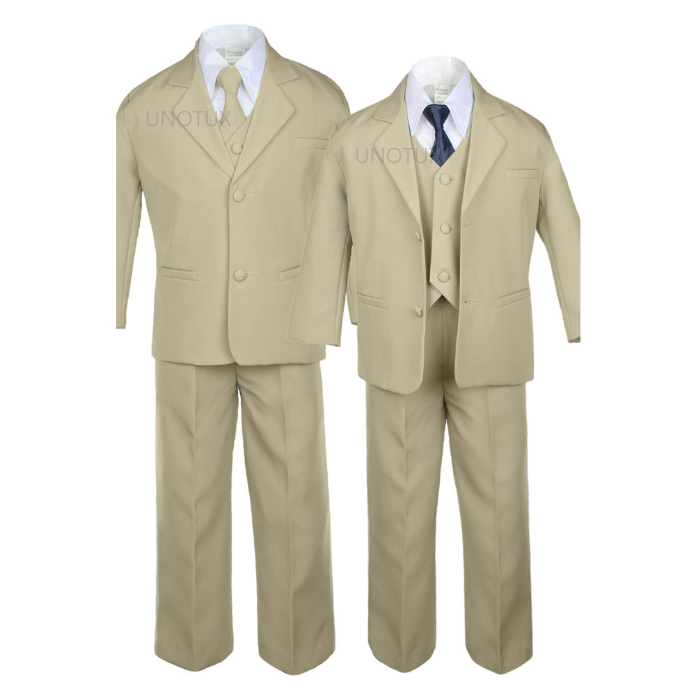 Unotux 6pc 5 6 7 8 10 12 14 16 18 20 Kid Teen Boys Khaki Suits Tuxedo Formal Wedding Party Outfits Extra Navy Necktie Set