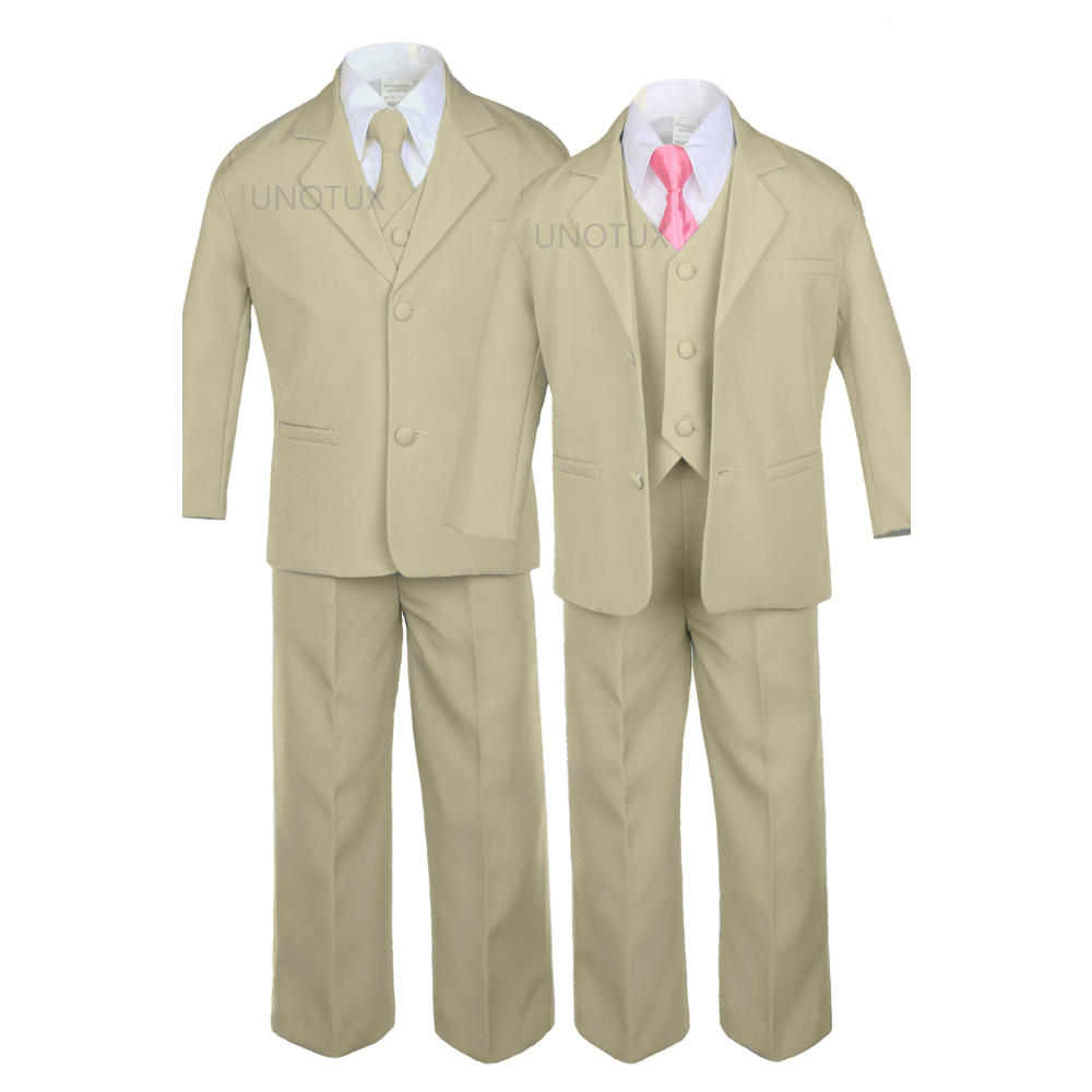 Leadertux 6pc S M L XL 2T 3T 4T Baby Toddler Boys Khaki Suits Tuxedo Formal Wedding Party Outfits Extra Coral Necktie Set