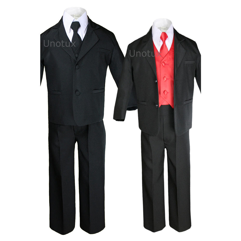 Unotux 7pc 5 6 7 8 10 12 14 16 18 20 Kid Teen Boys Black Suit Tuxedo Formal Wedding Party Outfit Red Necktie Vest Set