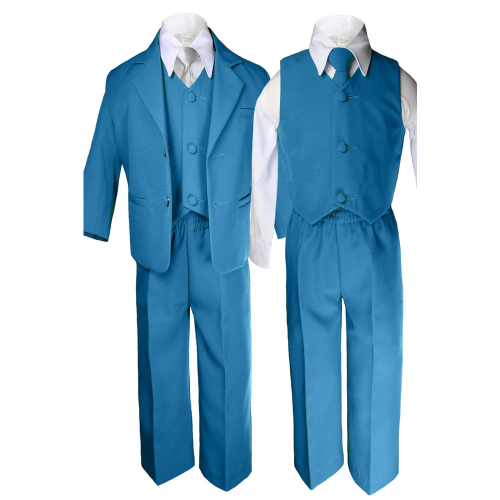 Leadertux 6pc S M L XL 2T 3T 4T Baby Toddler Boys Teal Suits Tuxedo Formal Wedding Party Outfits Extra Silver Necktie Set