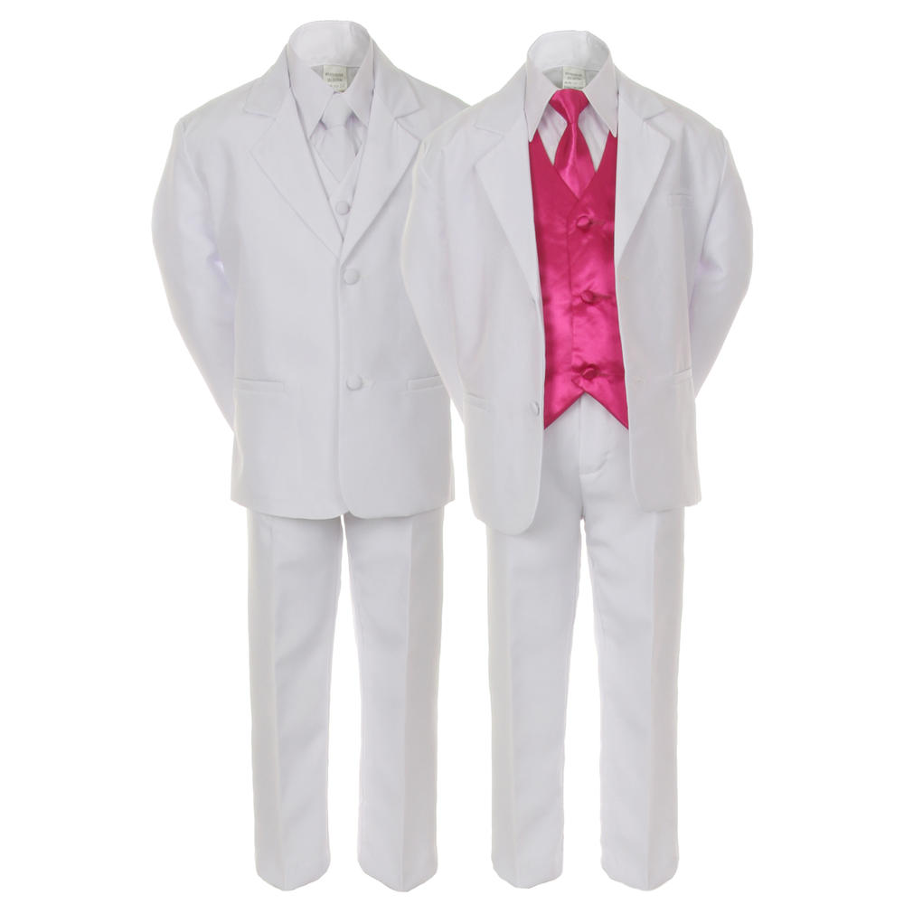 Unotux S M L XL 2T 3T 4T 7pc Fuchsia Satin Necktie & Vest + Baby Toddler Formal Wedding Party Boy Suit Tuxedo Outfit Set