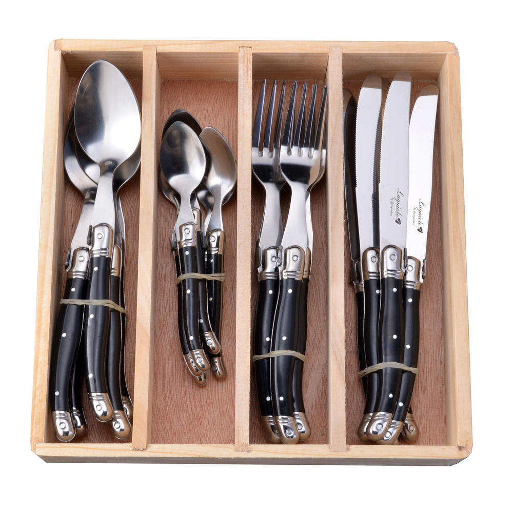 FlyingColors Laguiole Style 24-piece Stainless Steel Flatware Set, black color ABS Plastic Handles with Wooden Box