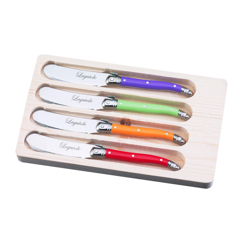 FlyingColors Laguiole Style 4-Piece Butter Knives / Spreaders Set by FlyingColors, with Green/Orange/Red/Violet Handles