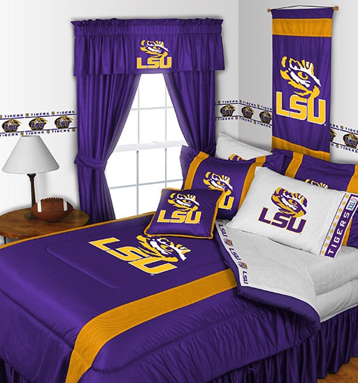 Sports Coverage LSU Tigers 8 Pc QUEEN Comforter Set (Comforter, 1 Flat Sheet, 1 Fitted Sheet, 2 Pillow Cases, 2 Shams, 1 Bedskirt)