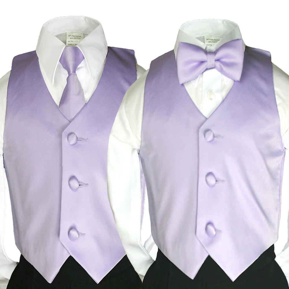 Leadertux 5 6 7 8 10 12 14 16 18 20 Solid Color Satin Lilac 3pc Vest Necktie Bow Tie Set Boy Kid Teen size for Formal Suit Tuxed