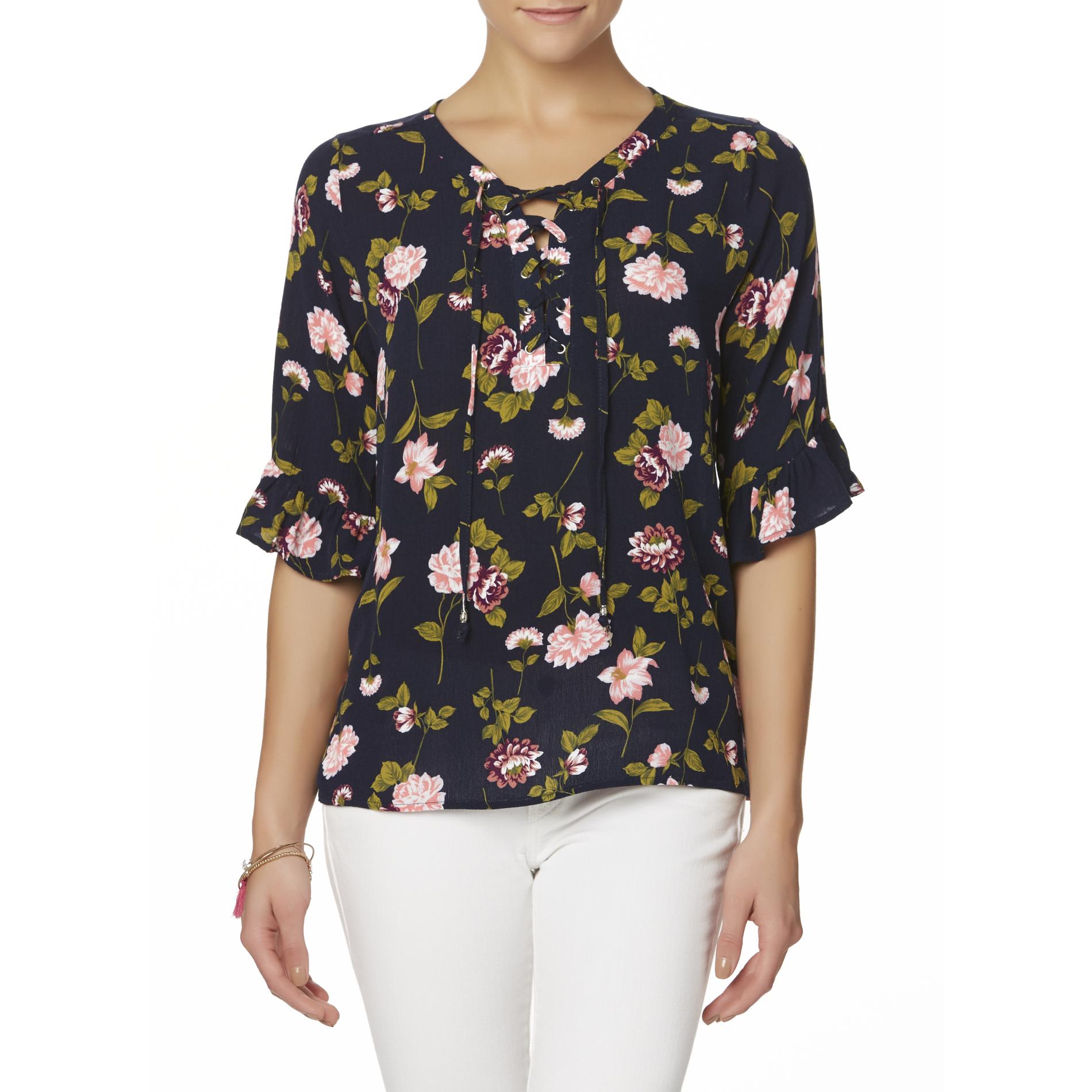 Cupids Diary Juniors' Lace-Up Top - Floral