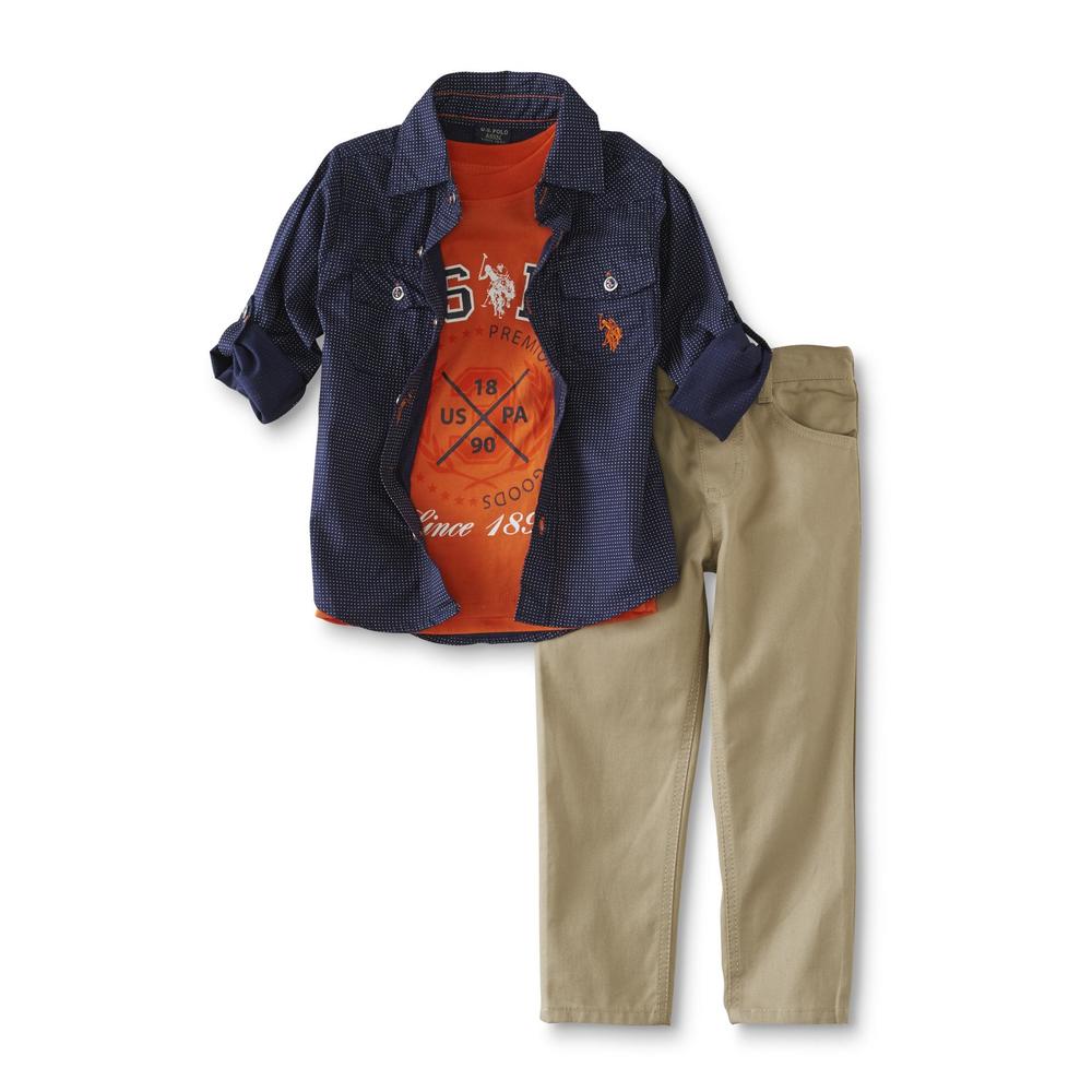 U.S. Polo Assn. Infant & Toddler Boys' T-Shirt, Button-Front Shirt & Pants - Microdot