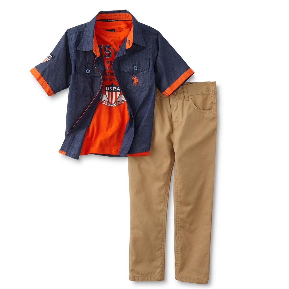 U.S. Polo Assn. Infant & Toddler Boys' T-Shirt, Button-Front Shirt & Pants