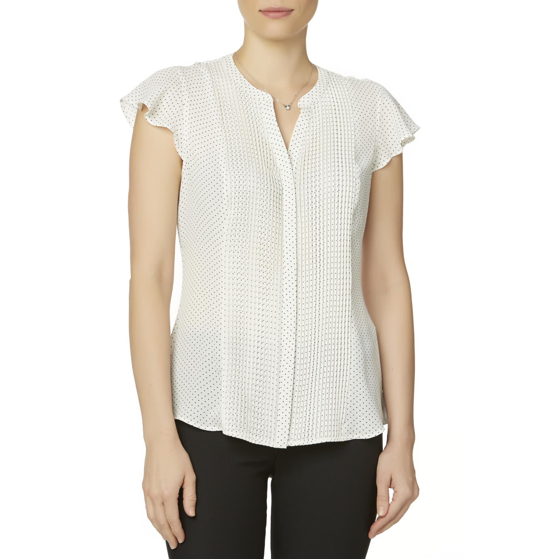 Simply Styled Women's Pleated Button-Front Blouse - Polka Dot
