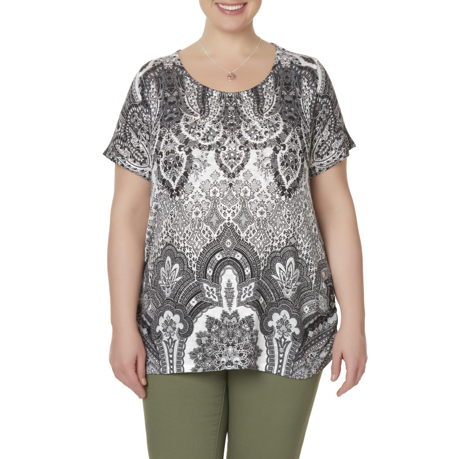 Simply Emma Women's Plus Embellished Top - Paisley & Floral