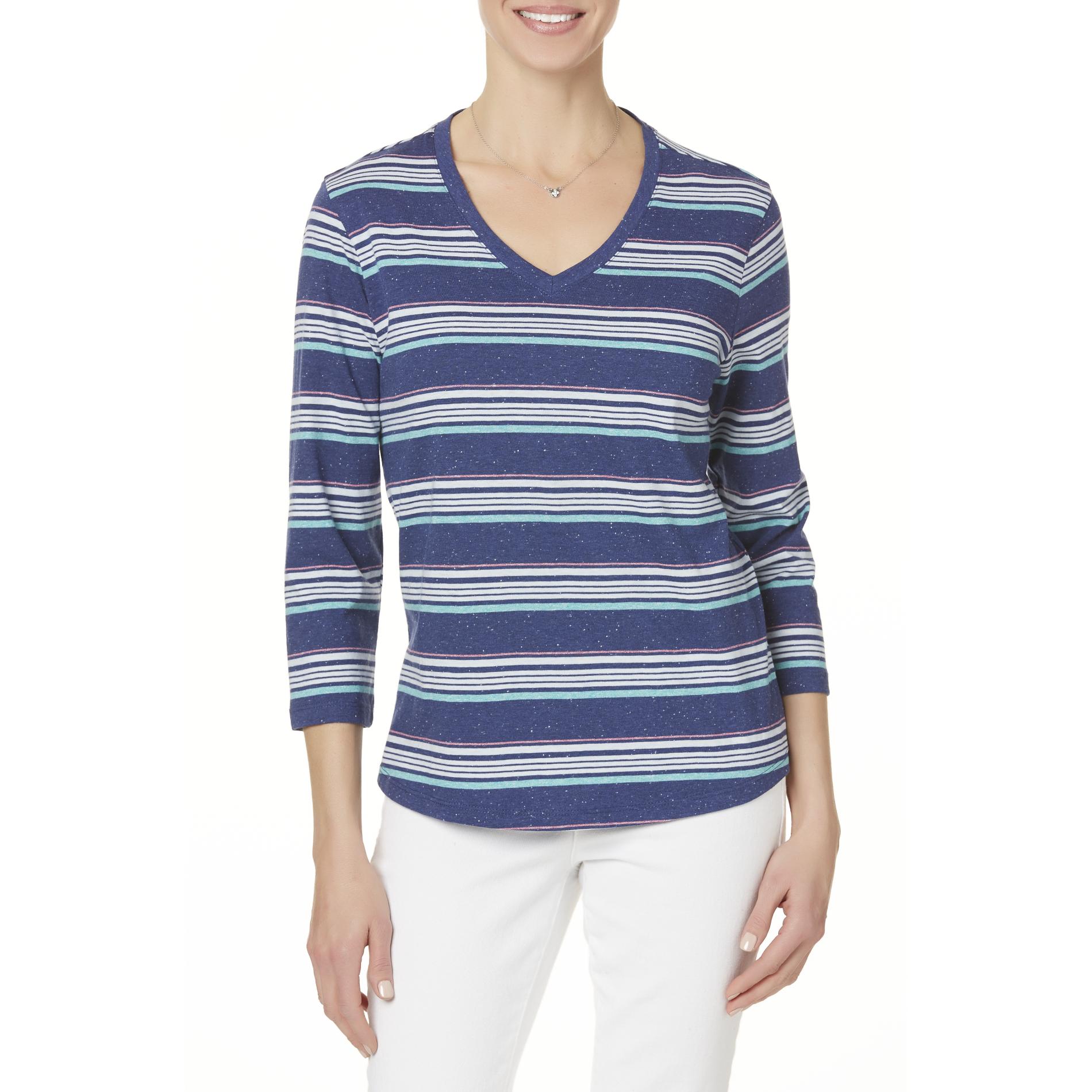 Basic Editions Women's V-Neck T-Shirt - Striped