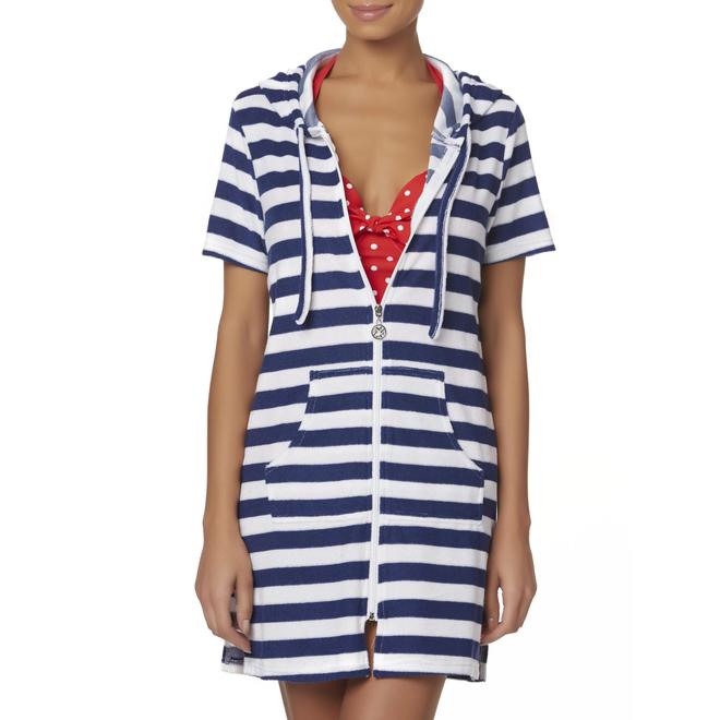 Basic Editions Women's Hooded Swim CoverUp Striped