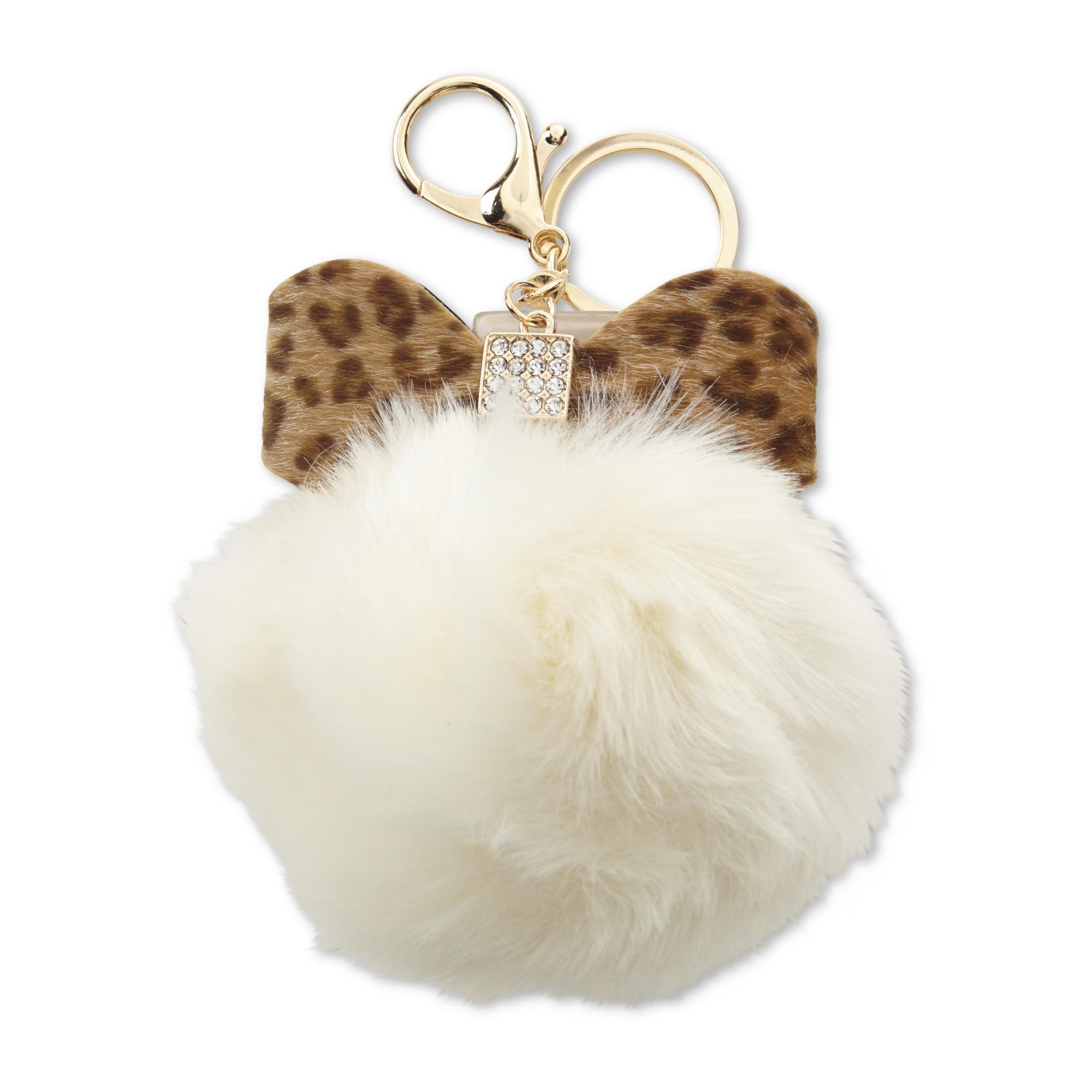 Women's Embellished Pompom Keychain - Bow, White Women's Embellished Pompom Keychain - Bow, White