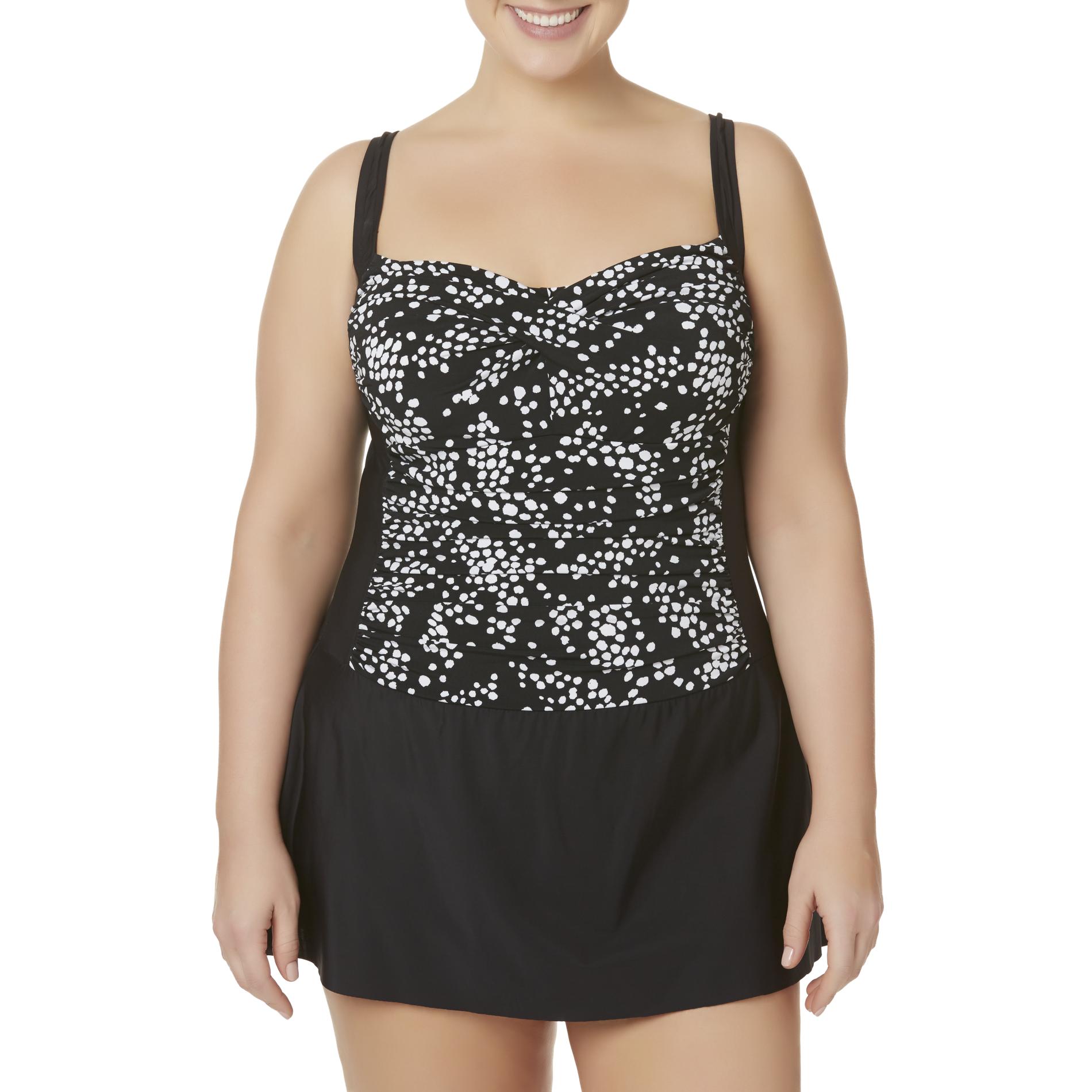 Island Escape Women's Plus Printed Underwire Swimdress Swimsuit Black