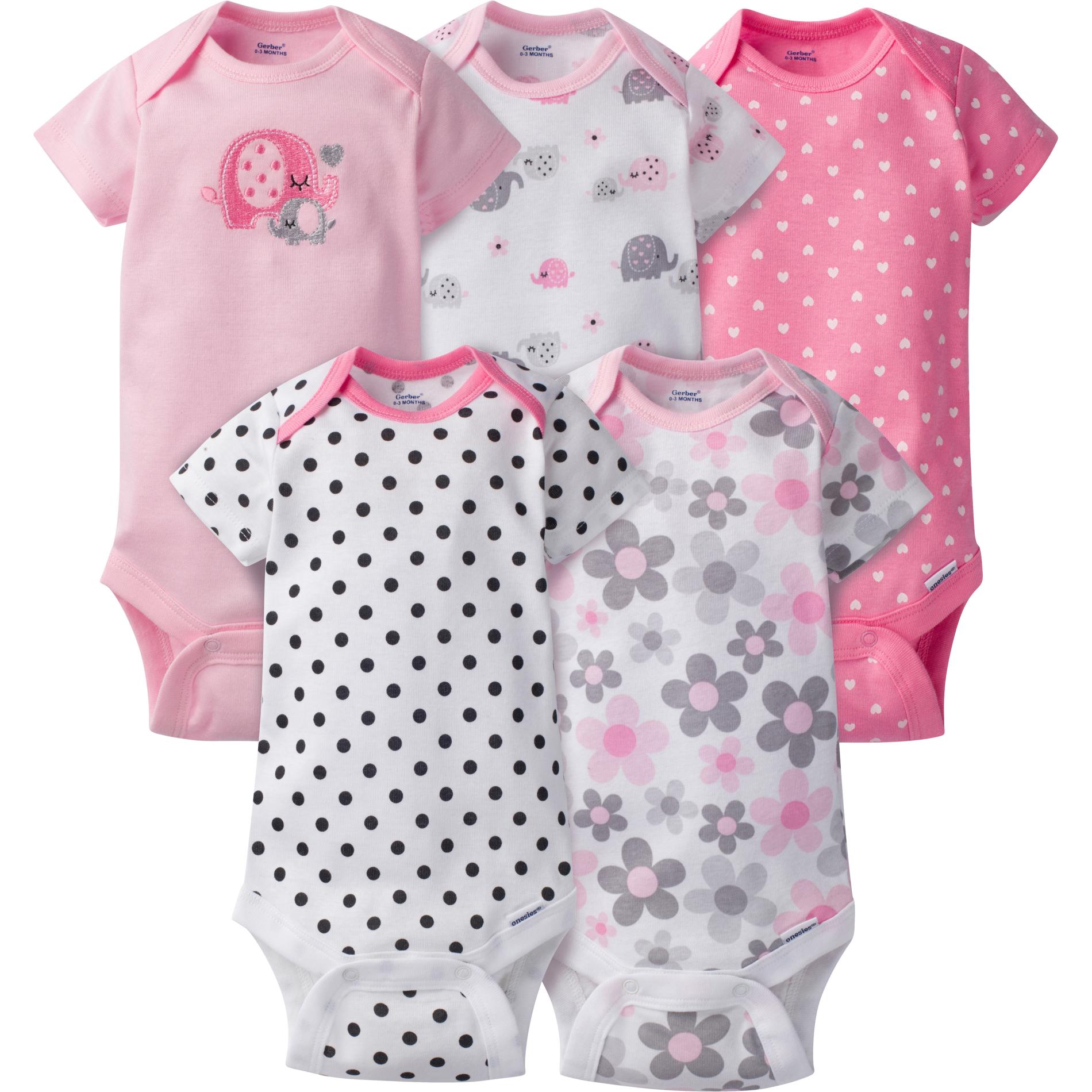 Gerber Newborn Girls' 5-Pack Onesies - Elephant, Floral & Dot