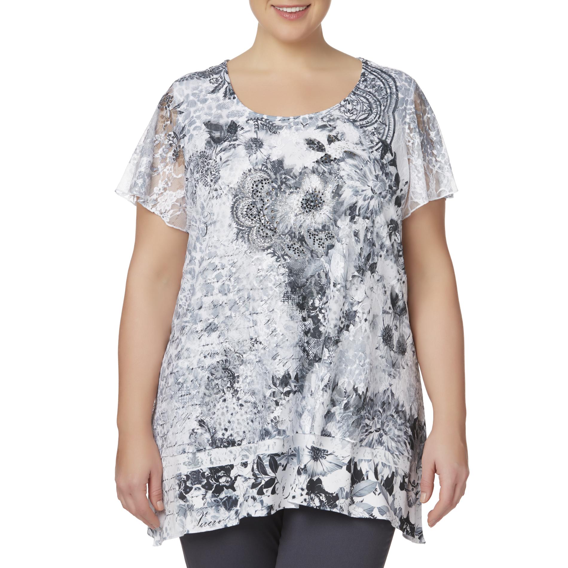 Simply Emma Women's Plus Lace Overlay Sublimation Top - Floral