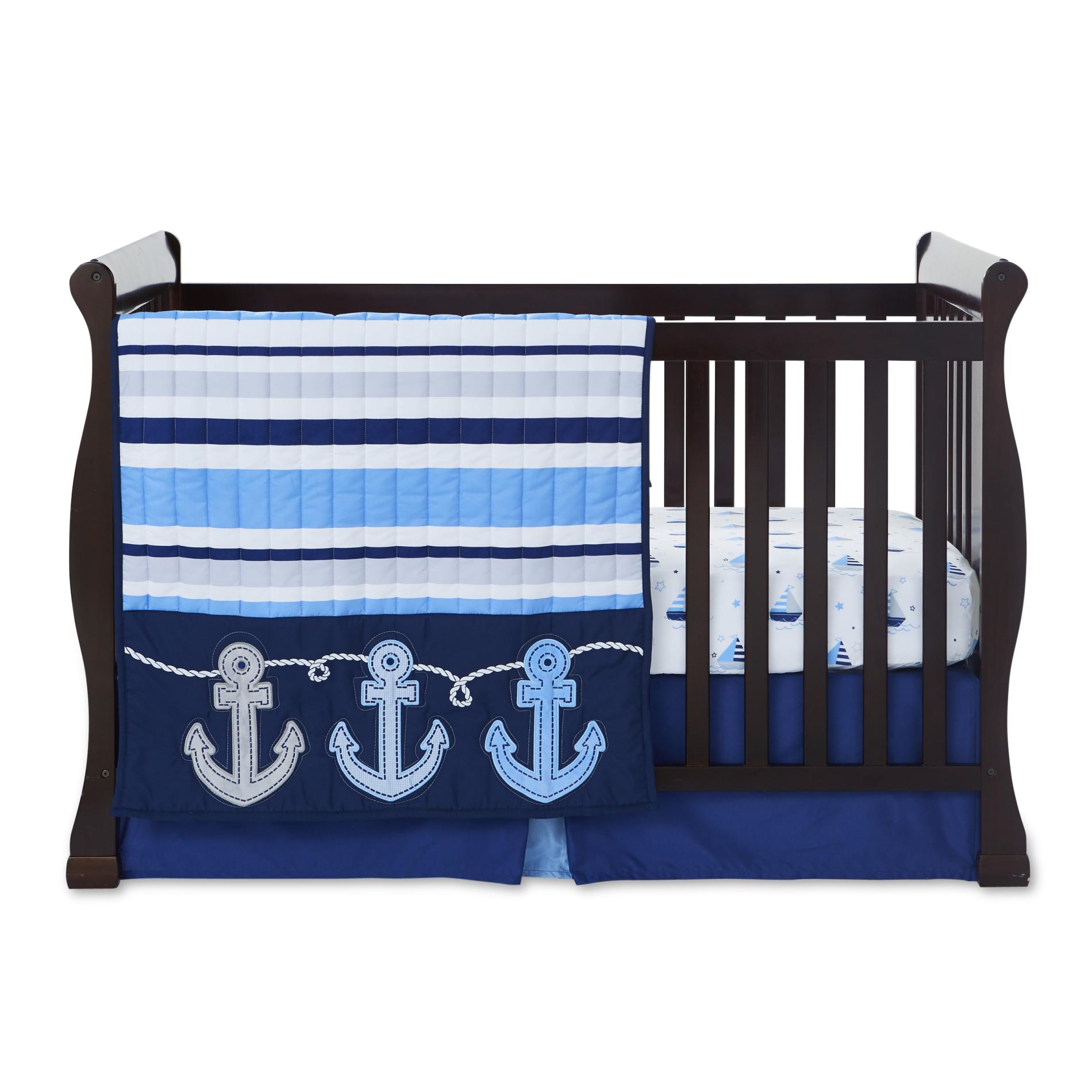 Tender Kisses Reversible Comforter, Fitted Crib Sheet & Crib Skirt - Nautical, Blue