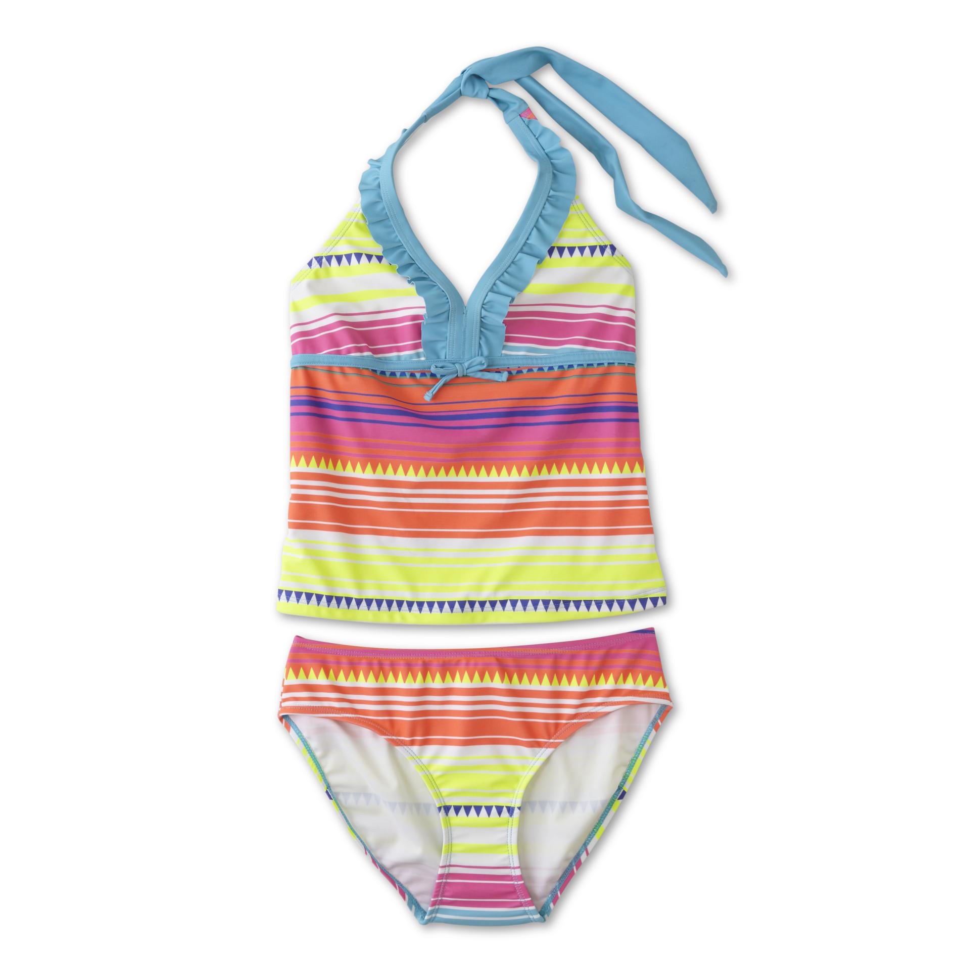 Joe Boxer Girls' Ruffle Tankini Swim Top & Bikini Bottoms - Striped